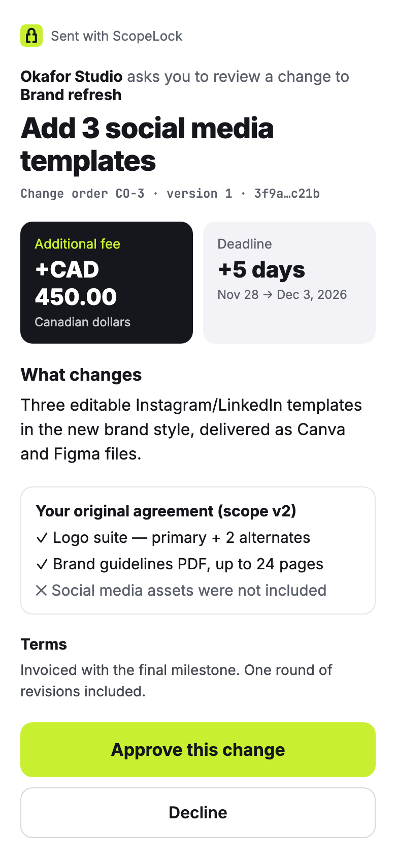 Client page in a browser: Okafor Studio asks to approve adding 3 social media templates, with Approve and Decline buttons.